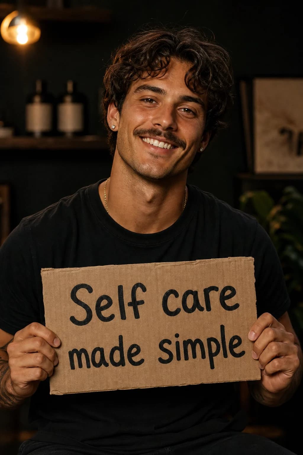 A man holding a sign that reads Self care made simple